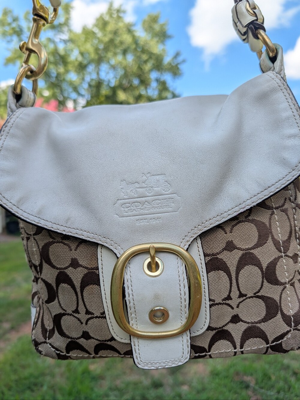 Coach Signature Canvas and Leather Saddle Bag in Beige
